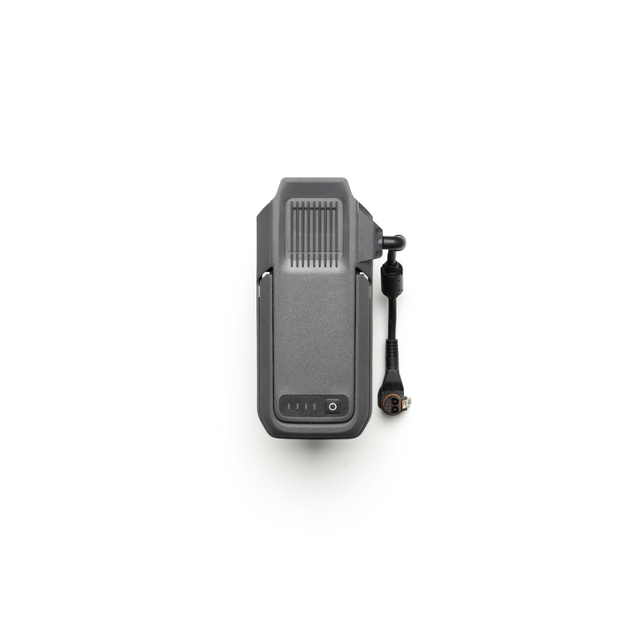 DJI TB100C Tethered Battery front view with tether cable and status LEDs